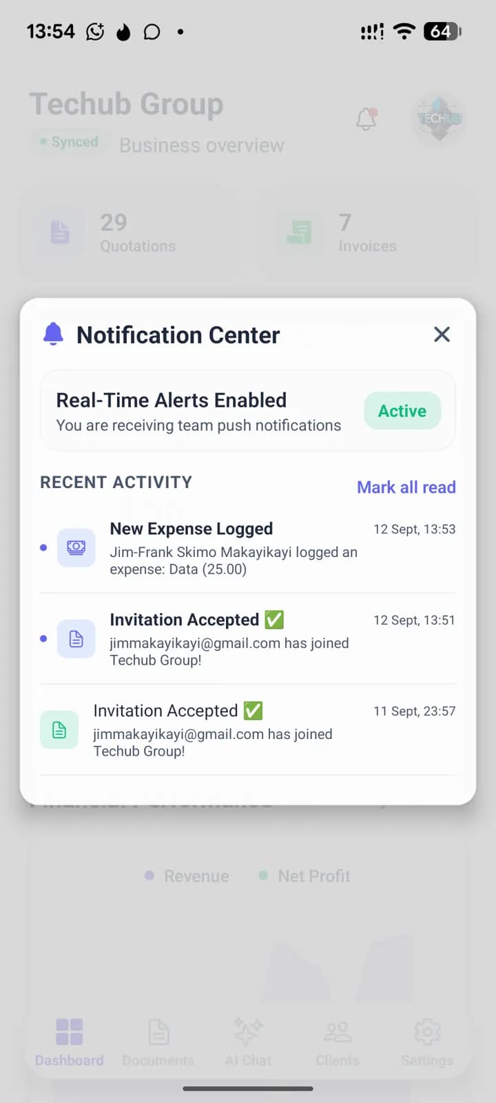 Notifications screen in AI Quotation Maker