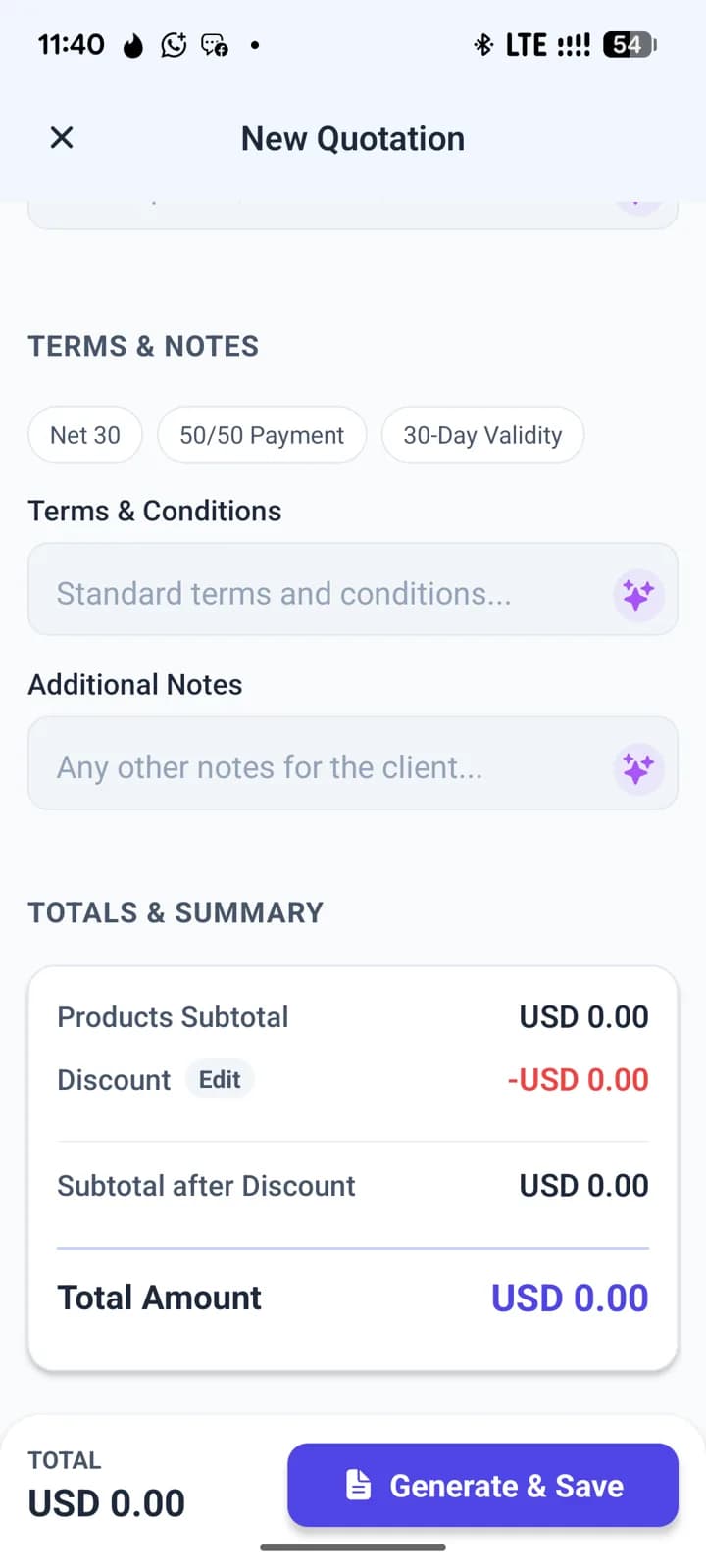 New quotation screen with terms, notes, and totals