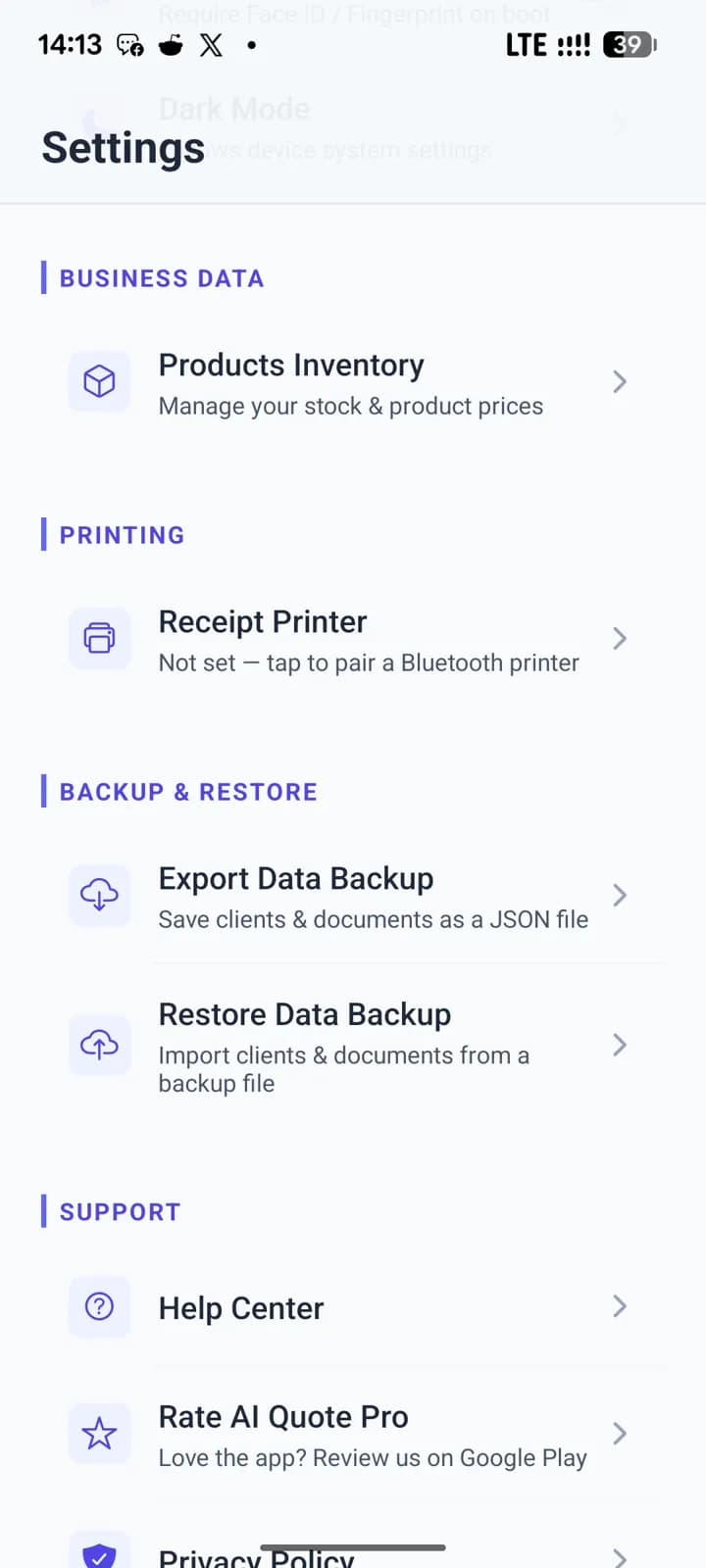 App settings screen with company details and currency
